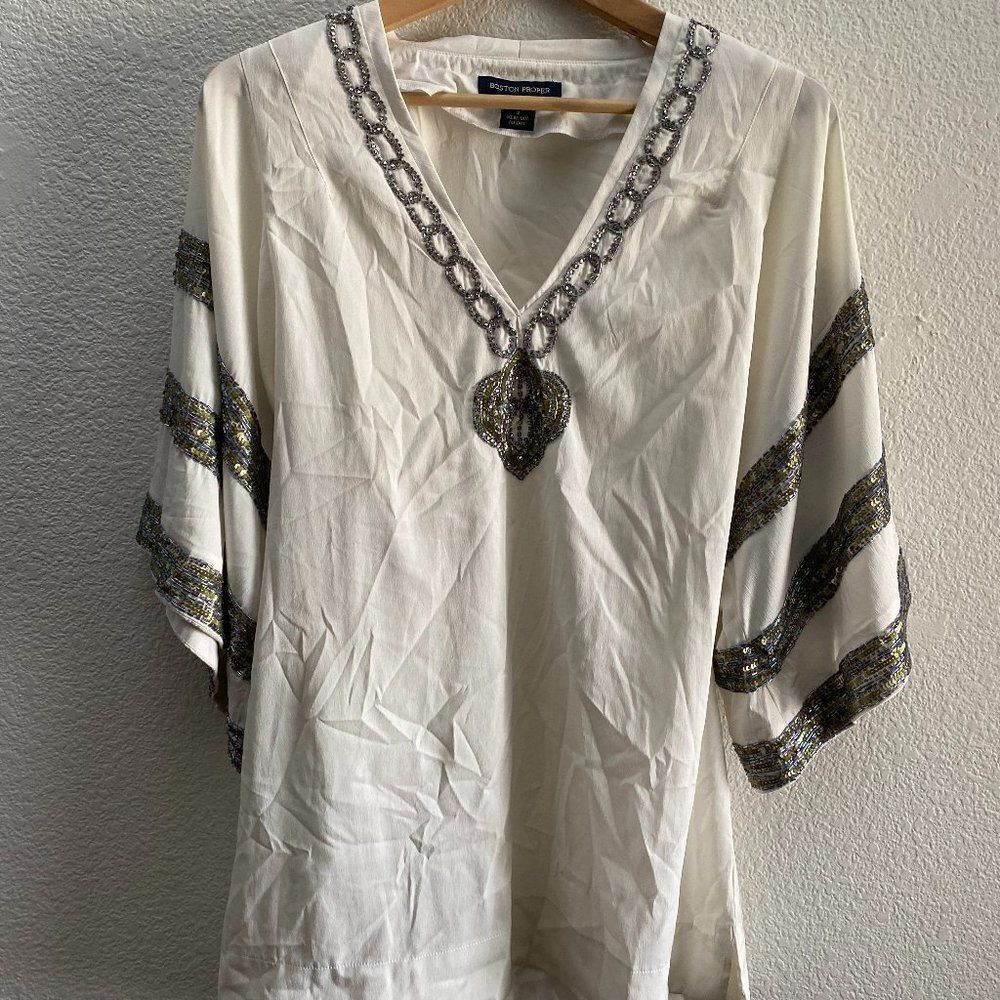 Boston Proper Embellished Blouse Tunic Shirt Top Big Sleeves Cream Color Small